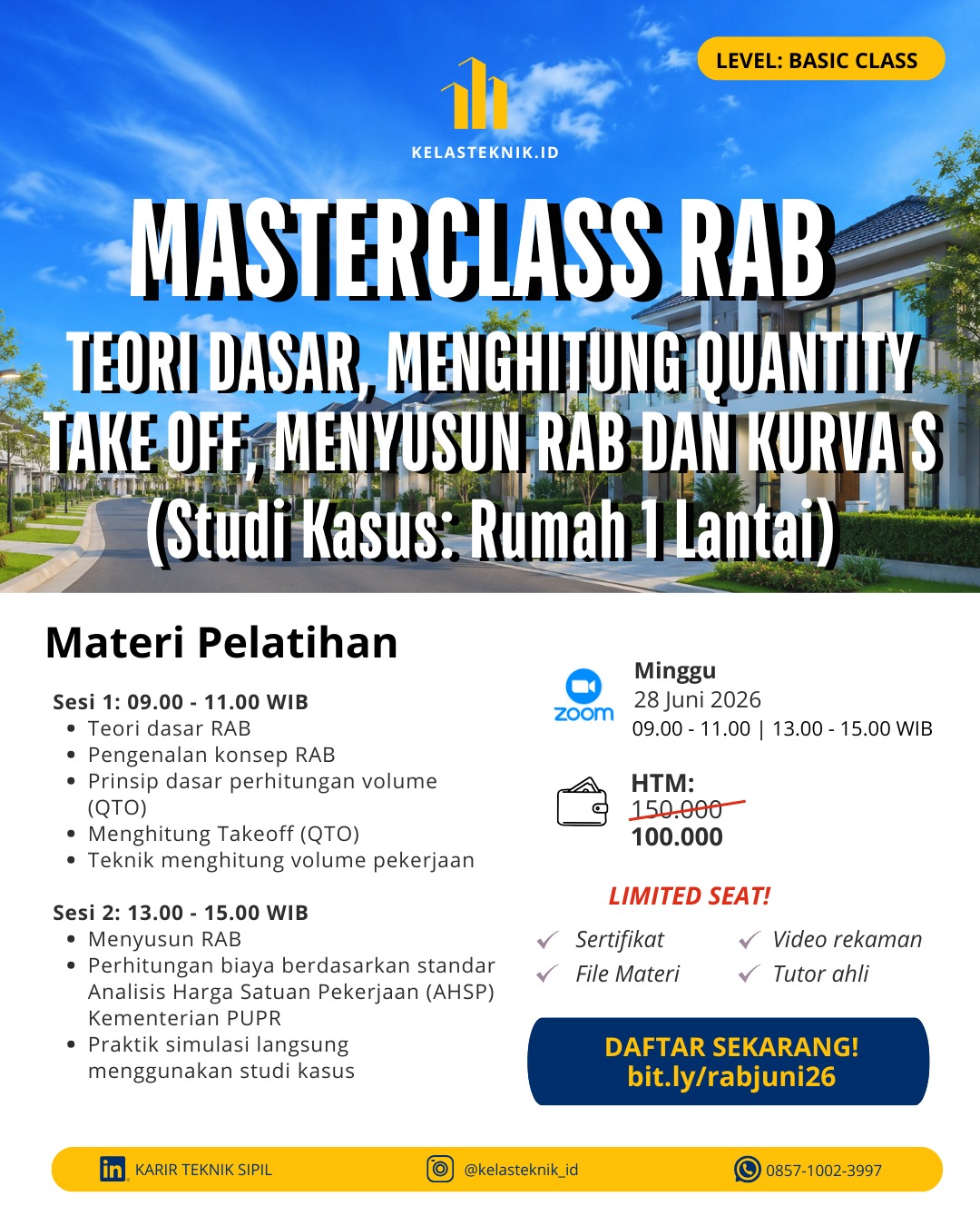 Rekaman training Rekaman — Masterclass RAB: Teori Dasar, Menghitung Quantity Take Off, Menyusun RAB dan Kurva S (Studi Kasus: Rumah 1 Lantai)